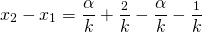  \[ x_2 - x_1 = \frac {\alpha}{k} + \frac {\omegat_2}{k} - \frac {\alpha}{k} - \frac {\omegat_1}{k} \] 